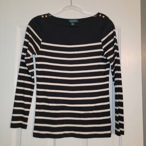 Lauren Ralph Lauren Black and White Striped Boatneck Top with Gold Buttons